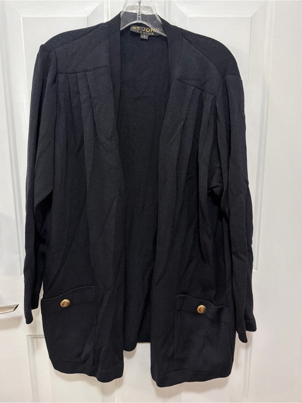 St. John Basics Long Open Front Cardigan sz S Black Knit Pockets